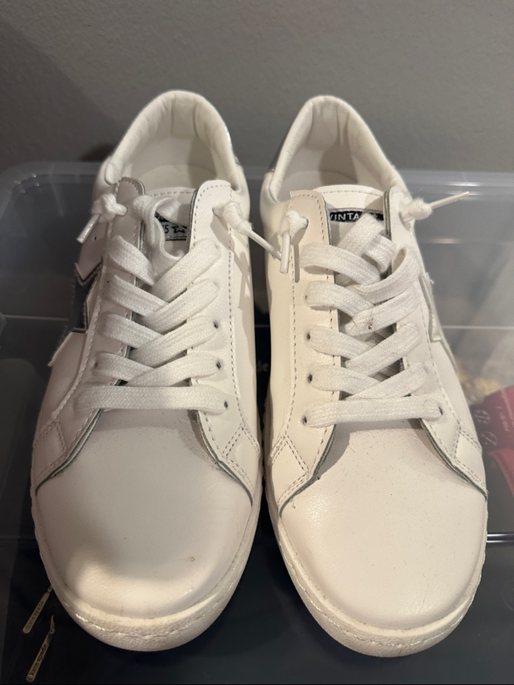 White Leather Sneakers with Silver Star Accent - Picture 2 of 7